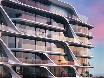 Modern Curved High Rise Apartment Building With Glass Facade Balconies And Ocean View Sunset Sky 3d model