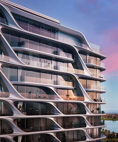 Modern Curved High Rise Apartment Building With Glass Facade Balconies And Ocean View Sunset Sky 3d model