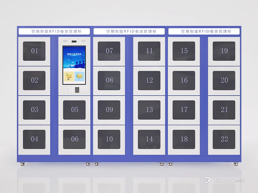 Smart Locker System Featuring Blue Frame Digital Display And Multiple Numbered Compartments 3d model