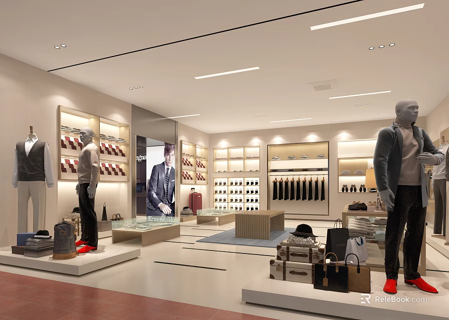 Modern Clothing Store Interior With Mannequins Shelves Clothing Displays And Accessories 3d model 