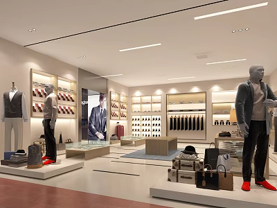 Modern Clothing Store Interior With Mannequins Shelves Clothing Displays And Accessories 3d model