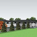 Modern Building Complex With Circular Lawn Fountain Parking Lot And Trees