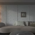Beige Curved Sofa Set With Decorative Pillows Round Woven Coffee Table And Floor Lamp