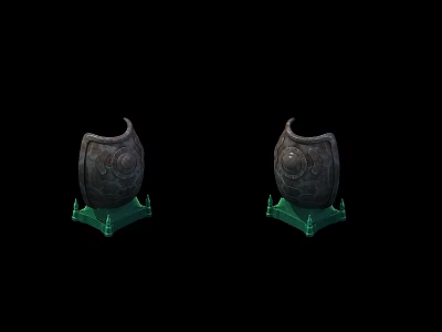 Two Ornate Decorative Shields On Green Stands Against Black Background 3d model
