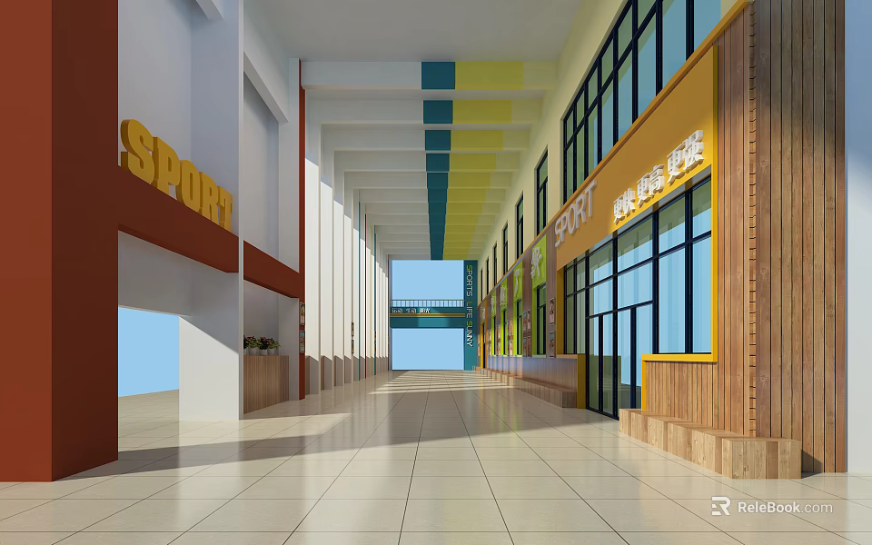 Spacious Bright Office Corridor With Shops on Both Sides Colorful Ceiling And Large Windows 3d model 