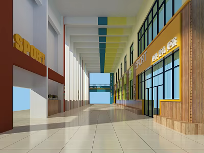 Spacious Bright Office Corridor With Shops on Both Sides Colorful Ceiling And Large Windows 3d model