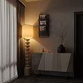 Modern Entryway Side Cabinet With White Geometric Design Floor Lamp Magazine Rack And Vase Decor