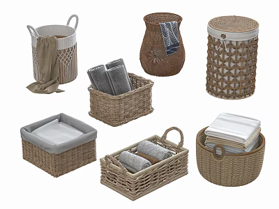 Woven Rattan Storage Baskets for Home Organization with Various Styles Lids and Towel Storage 3d model