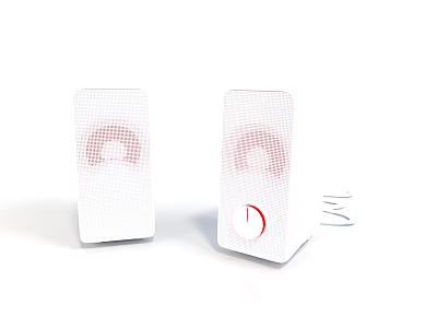 White Electronic Speakers With Mesh Design Red Accents And Power Button Cable 3d model