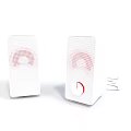 White Electronic Speakers With Mesh Design Red Accents And Power Button Cable