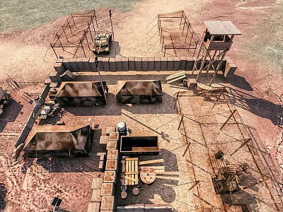Military Camp Site With Watchtower Fence Tents Construction Frames And Wooden Logs 3d model