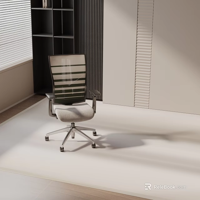 Modern Office Chair With Striped Backrest Gray Cushion Metal Base Wheels In Indoor Setting 3d model 