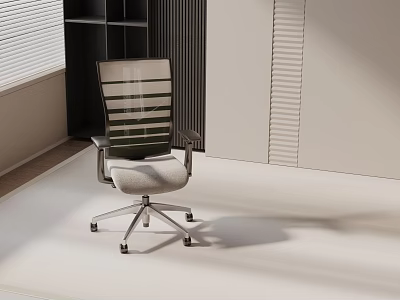 Modern Office Chair With Striped Backrest Gray Cushion Metal Base Wheels In Indoor Setting 3d model