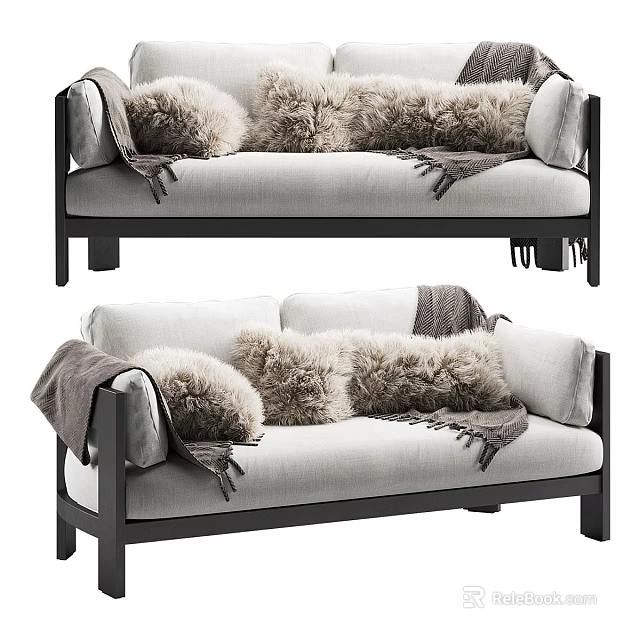 Modern Sofa With Plush Cushions Blanket Light Upholstery And Black Frame 3d model