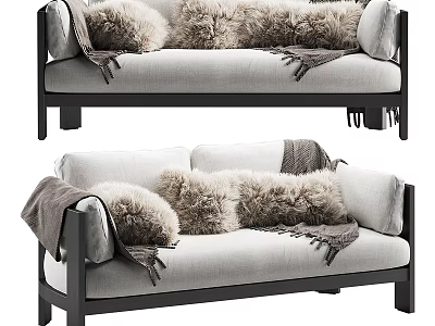 Modern Sofa With Plush Cushions Blanket Light Upholstery And Black Frame 3d model