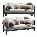 Modern Sofa With Plush Cushions Blanket Light Upholstery And Black Frame 3d model