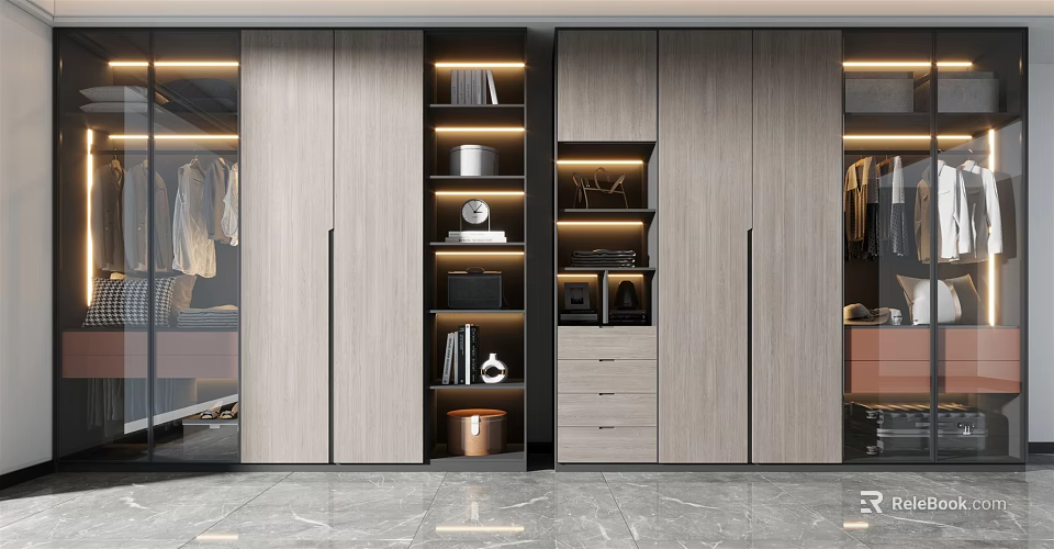 Modern Wardrobe Interior with Wooden Finish Built-in Lighting Open Shelves and Storage Drawers 3d model 