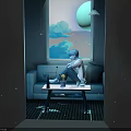 Cozy Indoor Scene With Sofa Person Table Cup Plant And Blue Lighting Window Clouds Moon