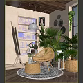 Cozy Leisure Room Interior With Wicker Chair Plants And Bookshelf