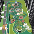 Outdoor Children's Play Area With Green Lawn Play Structures Winding Paths Trees Between Tall Buildings
