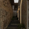 Rustic Garden Walkway With Natural Stone Walls Warm Ambient Lights And Green Ornamental Plants