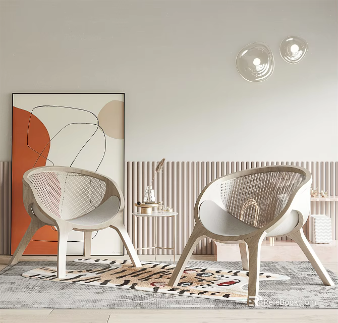 Modern Rattan Chair and Side Table Set with Woven Wall Panel and Art Rug 3d model 