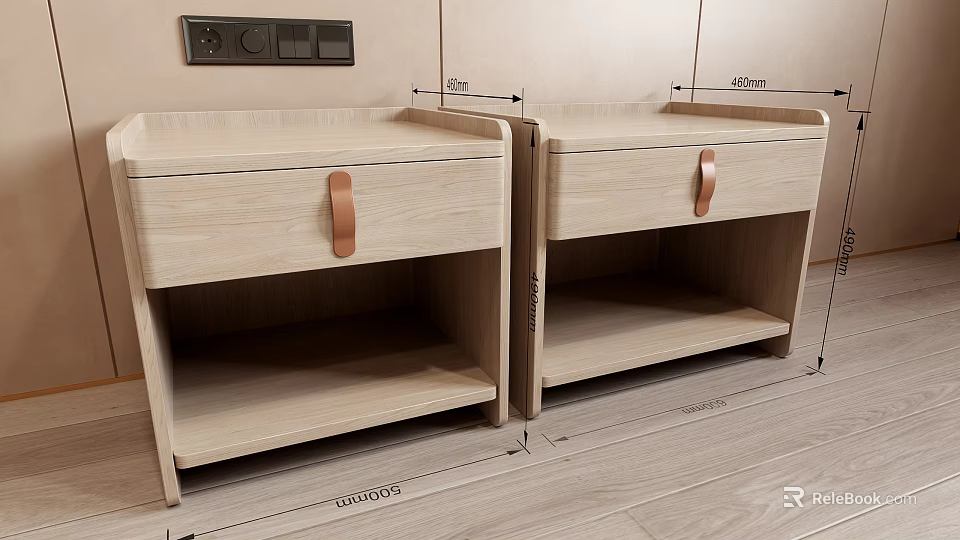 Light Colored Wooden Bedside Tables With Drawer Copper Handle And Open Shelf 3d model 