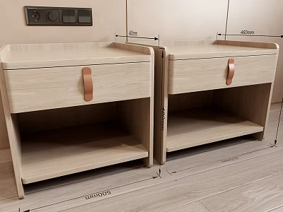 Light Colored Wooden Bedside Tables With Drawer Copper Handle And Open Shelf 3d model