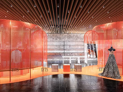 Fashion Store Interior With Orange Mesh Partitions Wooden Ceiling And Mannequin 3d model