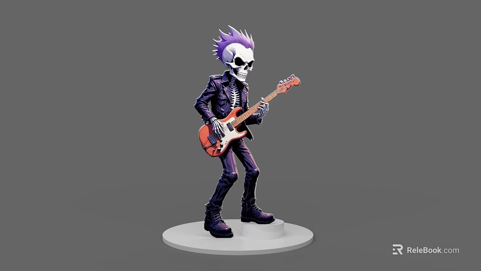 Game And Movie Character Skeleton With Purple Mohawk Black Leather Jacket Holding Red Electric Guitar 3d model 