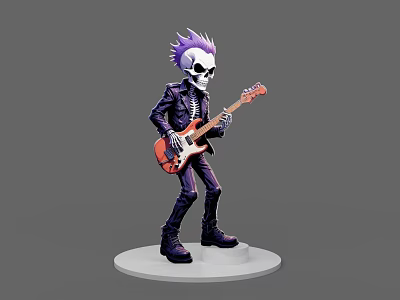 Game And Movie Character Skeleton With Purple Mohawk Black Leather Jacket Holding Red Electric Guitar 3d model