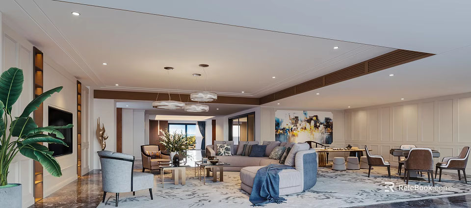 Elegant Modern Living And Dining Room Interior With Sofa Chairs Chandeliers And Decorative Painting 3d model 