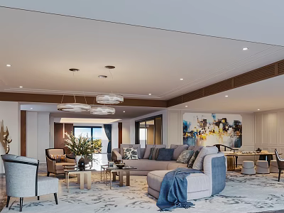 Elegant Modern Living And Dining Room Interior With Sofa Chairs Chandeliers And Decorative Painting 3d model