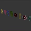 Decorative Shields in Different Shapes Arranged in a Row with Reflective Gray Background 3d model
