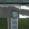Modern Building Exterior With Glass Curtain Wall Outdoor Lawn Water Pool And Steps