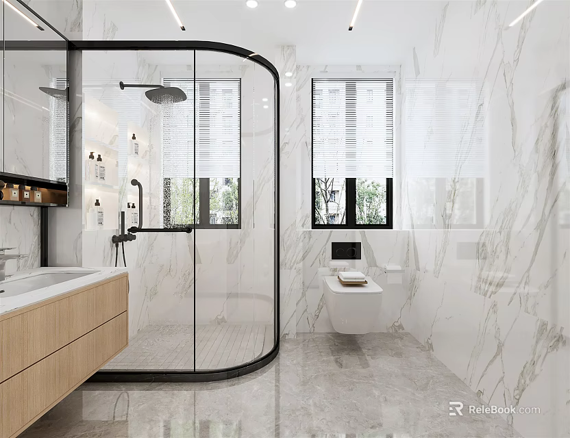 Modern Bathroom Interior With Marble Walls Floor Wooden Vanity Glass Shower And Windows 3d model 