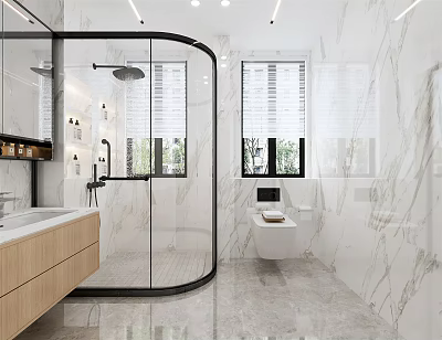 Modern Bathroom Interior With Marble Walls Floor Wooden Vanity Glass Shower And Windows 3d model