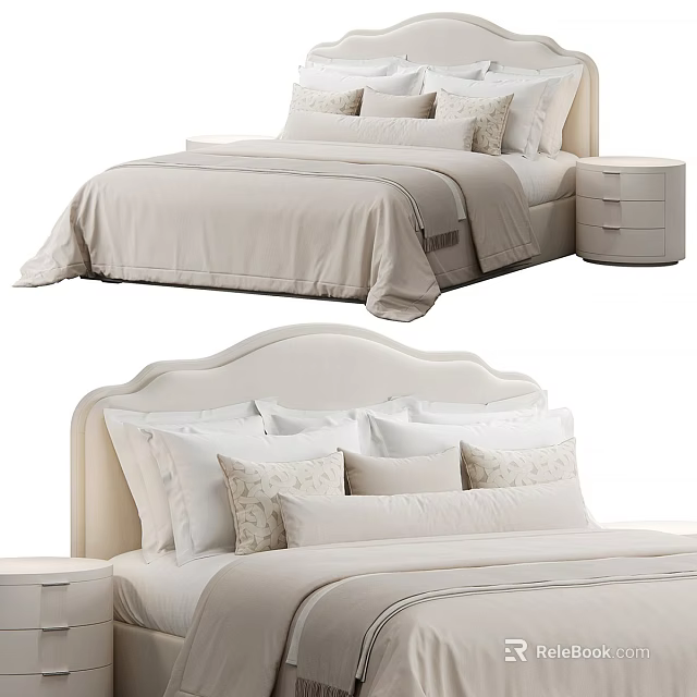 Modern Beige Bedroom Interior With Comfortable Bed Pillows And Nightstand 3d model 