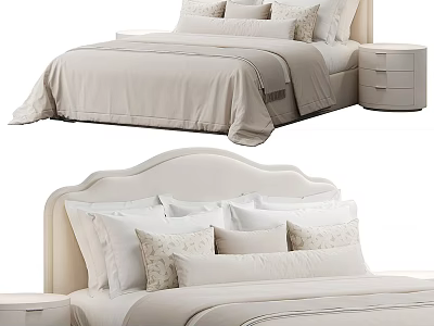 Modern Beige Bedroom Interior With Comfortable Bed Pillows And Nightstand 3d model