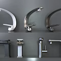 Various Stylish Faucets Displayed On Gray Shelves With Different Designs And Finishes