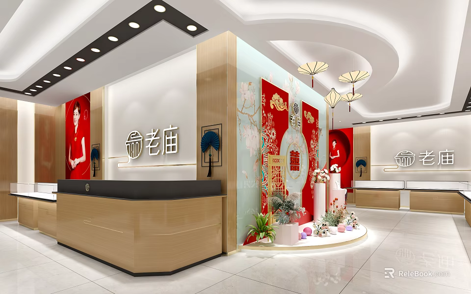 Elegant New Chinese Style Jewelry Store Interior With Wooden Reception Counter And Exquisite Traditional Decorations 3d model 