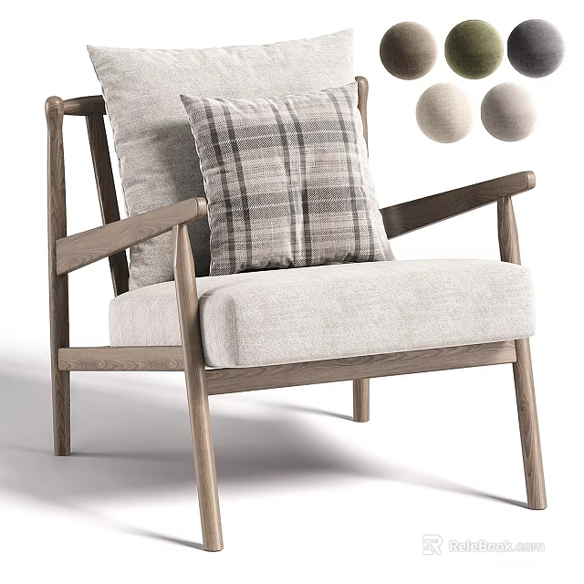 Nordic Style Solid Wood Frame Soft Fabric Upholstered Single Sofa With Checkered Decorative Pillow 3d model 