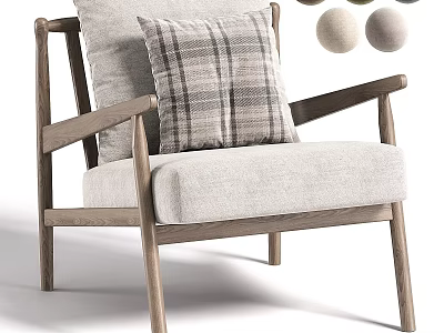 Nordic Style Solid Wood Frame Soft Fabric Upholstered Single Sofa With Checkered Decorative Pillow 3d model