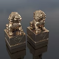 Decorative Silver Metal Lion Sculptures With Square Base And Detailed Carving