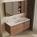 Modern Wall Mounted Wooden Bathroom Cabinet With White Countertop And Mirror
