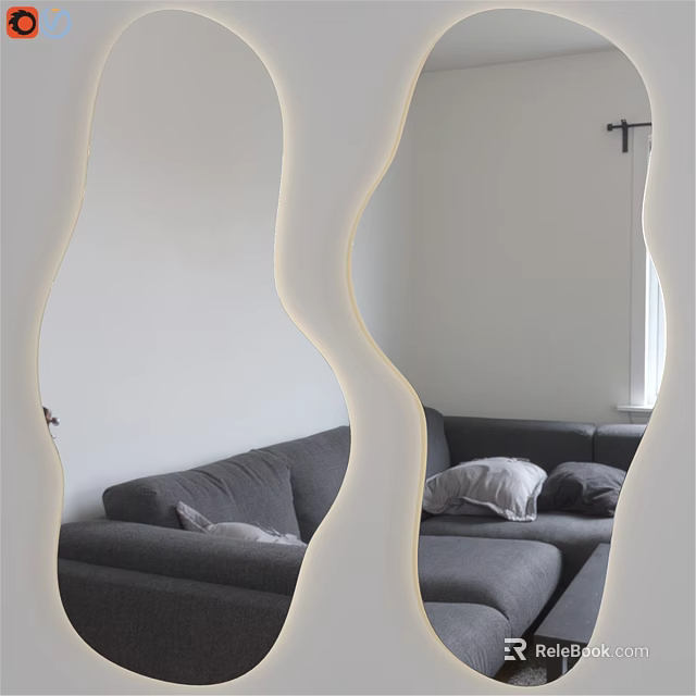Modern Lighted Wavy Mirror Reflecting Gray Sofa In Living Room 3d model 