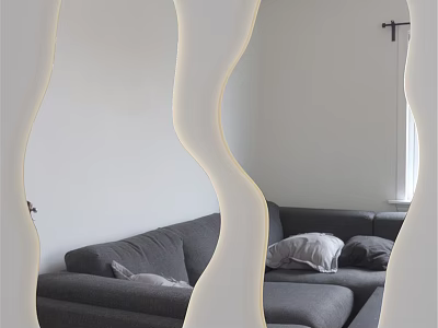 Modern Lighted Wavy Mirror Reflecting Gray Sofa In Living Room 3d model