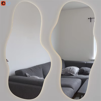 Modern Lighted Wavy Mirror Reflecting Gray Sofa In Living Room 3d model