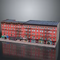 European Style Building With Red Exterior Multi Story Structure And Ground Floor Shops