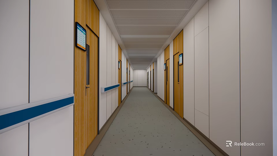 Modern Elevator Hallway With White And Wooden Walls Blue Handrails And Grey Speckled Floor 3d model 